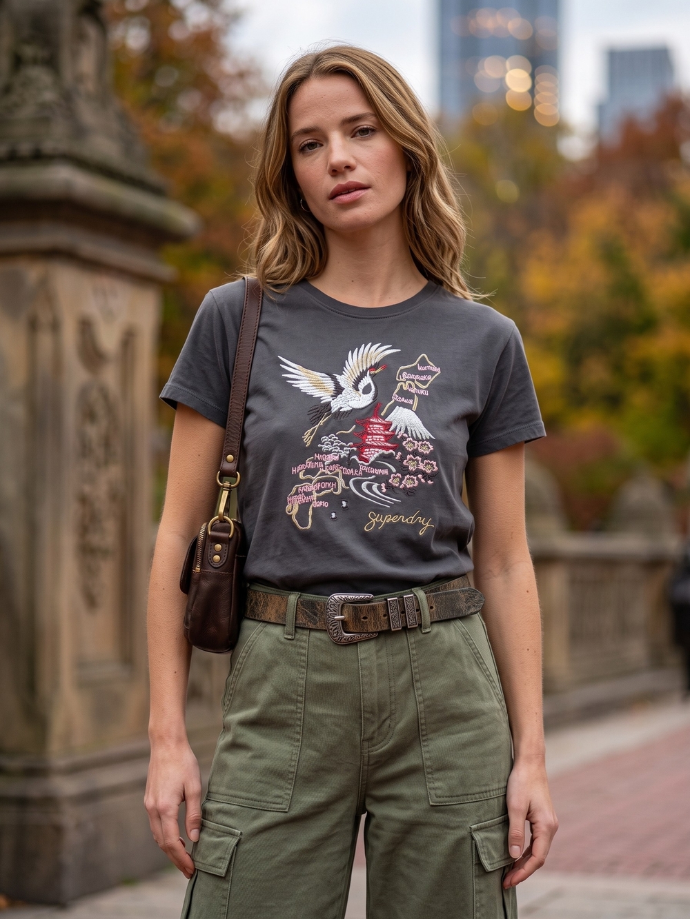Superdry Suika Embroidered Crane Sukajan Fitted Streetwear Tee Harajuku Boho